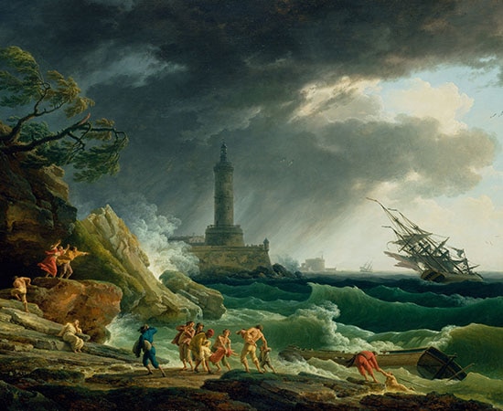 Stürmisches Meer, Schiff und Menschen