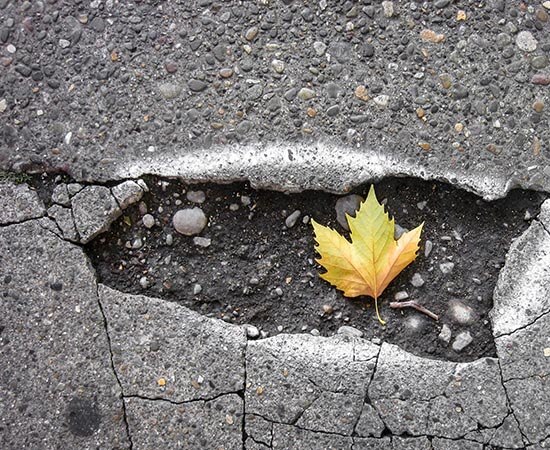  Loch im Asphalt, gesprengt durch Eis