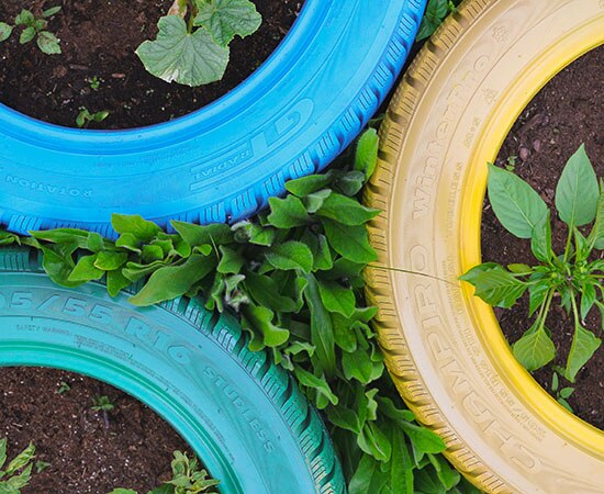 Pneus peints comme bacs à fleurs