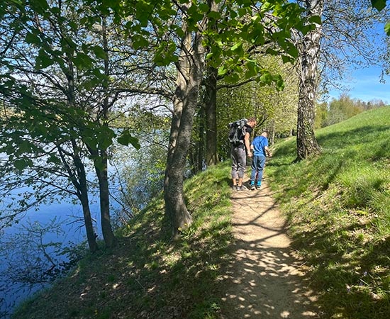 Famille en randonnée en forêt